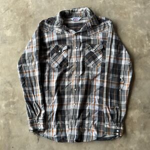 VINTAGE DAKOTA FIVE BROTHER BROWN GRAY PEARL SNAP FLANNEL PLAID USA LARGE 90S